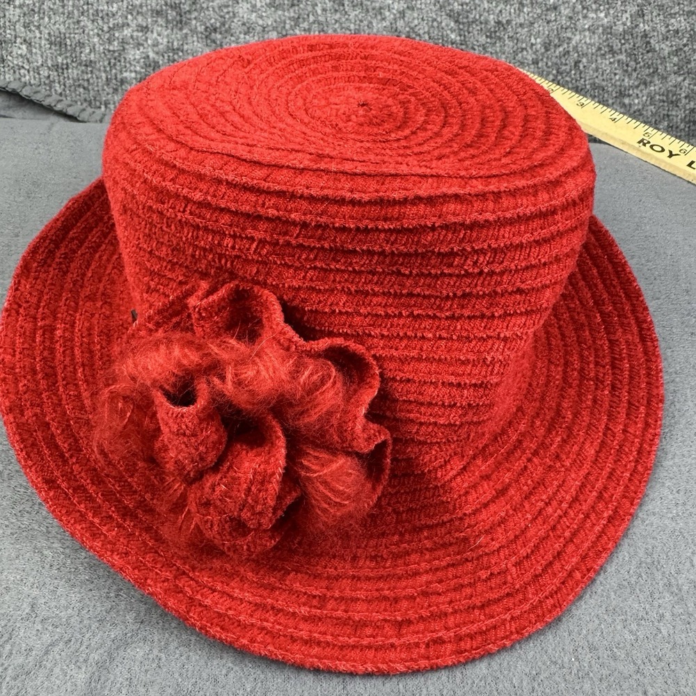VTG Betmar New York Red Chenille Cloche Hat with Flower B024H Made in Taiwan - Picture 8 of 8